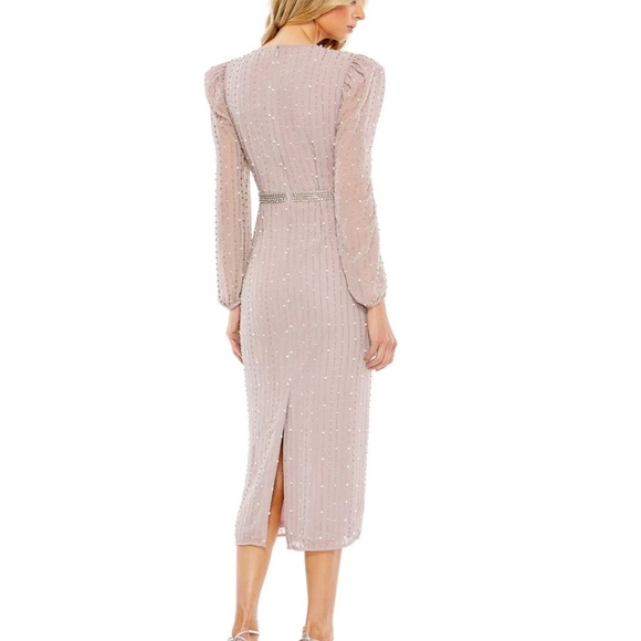 Mac Duggal 93622 NWT LONG SLEEVE PUFF SLEEVE BEADED MIDI DRESS - Picture 3 of 10